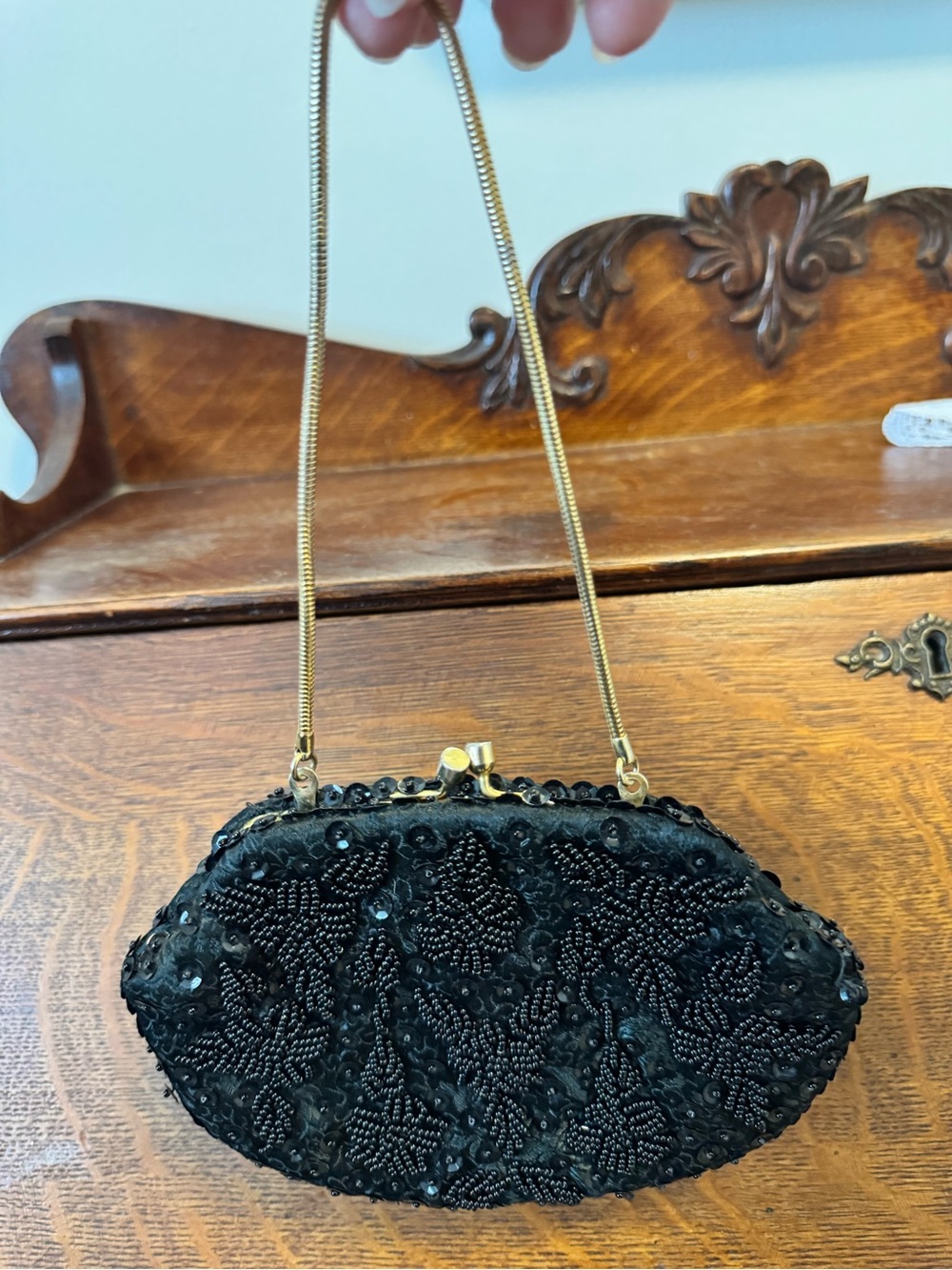 Vintage 60s Black Beaded and Sequin Cocktail Clutch - Hong Kong